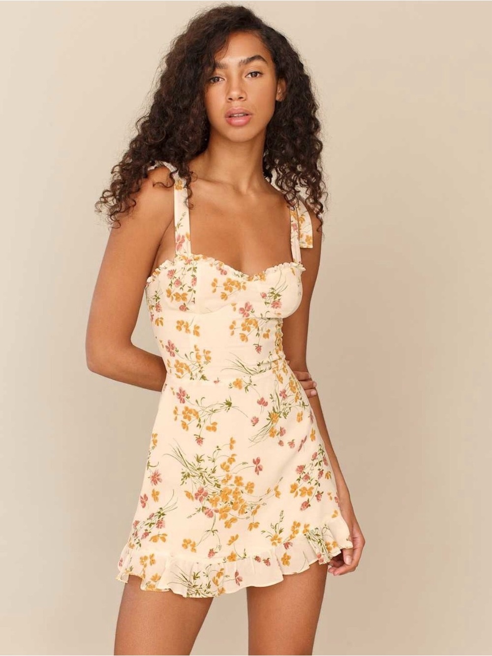 Reformation Cream Floral Tie-Shoulder Mini Petites Christine Dress